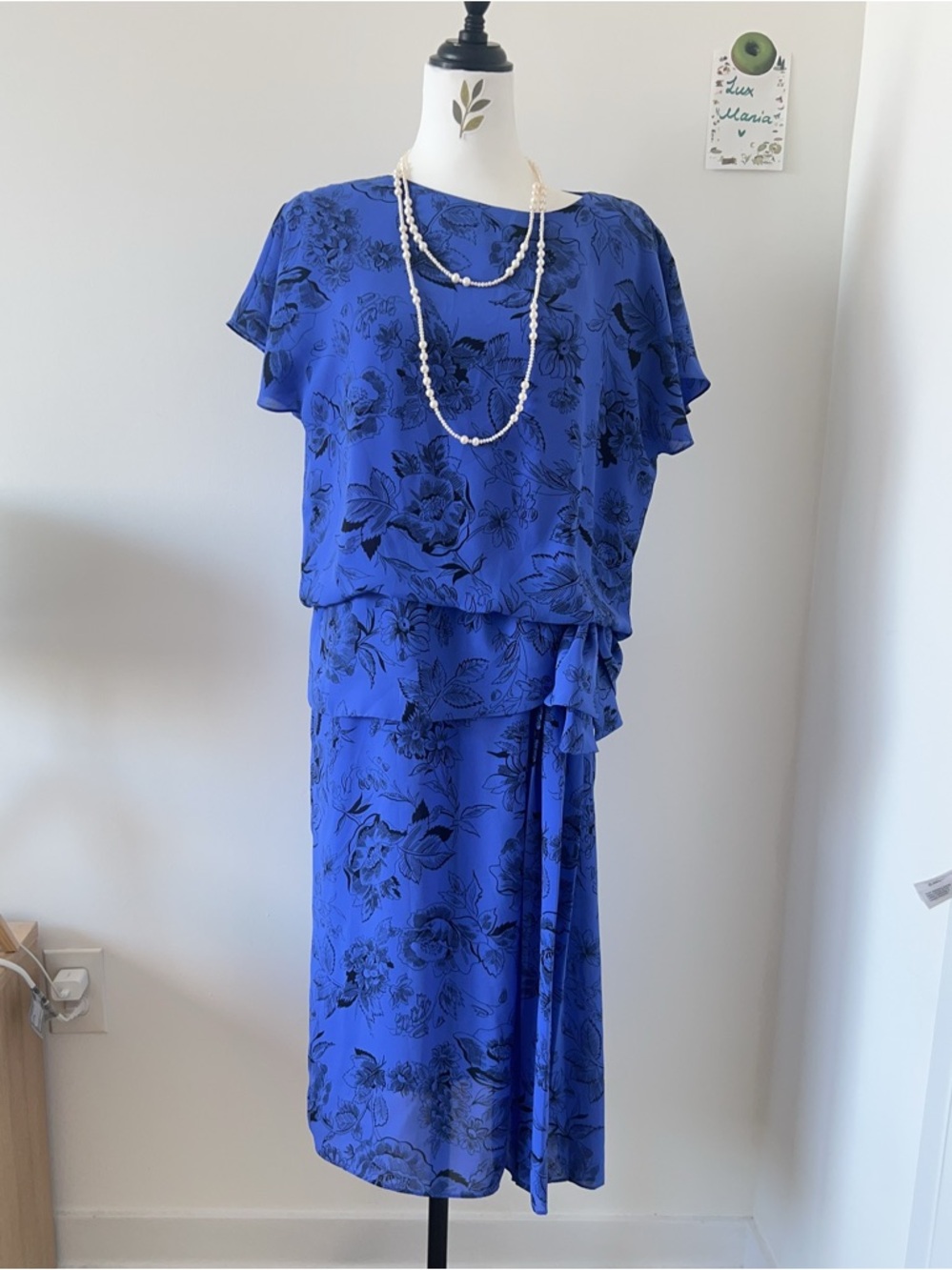 Vintage Virgo II Blue Floral Ruffle Tiered Midi Dress M-L